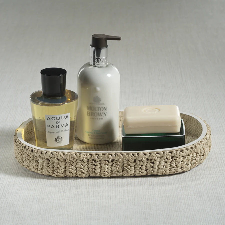 Oval Raffia Tray with Leather Trim - Small