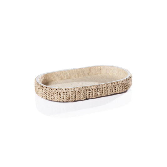 Oval Raffia Tray with Leather Trim - Small