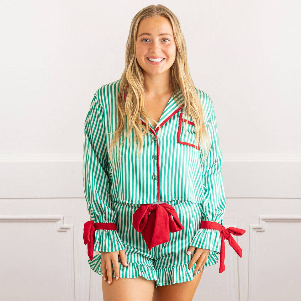 Green Stripe Satin Ruffle Short PJ Set