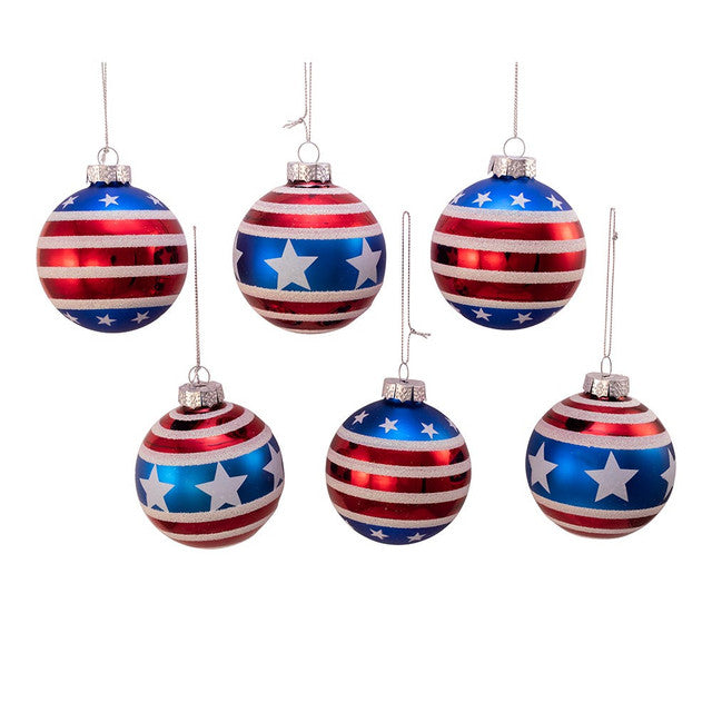 Glass Red, White and Blue Stars and Stripes Glass Ball Ornaments, 6-Piece Box