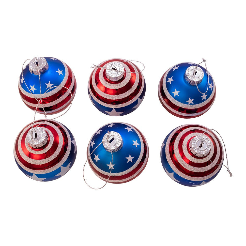 Glass Red, White and Blue Stars and Stripes Glass Ball Ornaments, 6-Piece Box