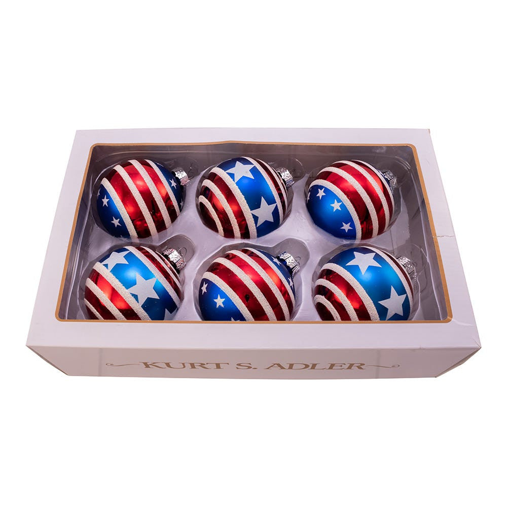 Glass Red, White and Blue Stars and Stripes Glass Ball Ornaments, 6-Piece Box