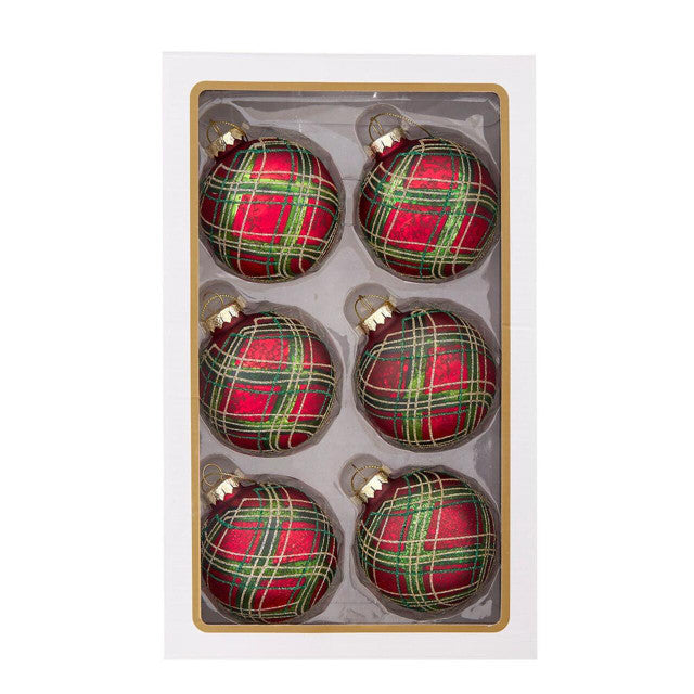 Red & Green Striped Ball Ornaments, 6-Piece Box
