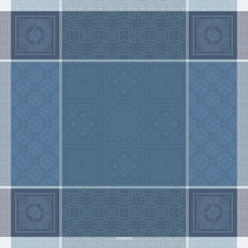 Harmonie Bleu Jacquard Tablecloth 69"x143", 100% Linen