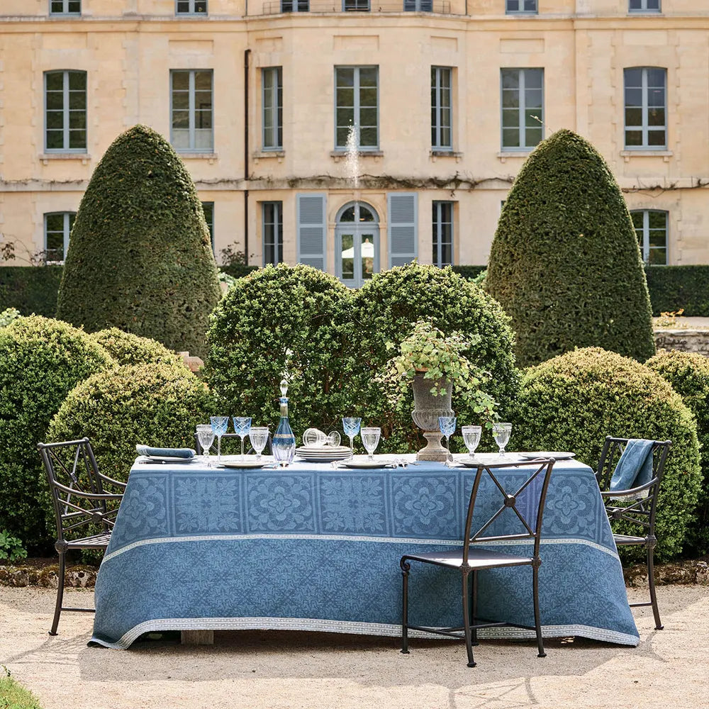 Harmonie Bleu Jacquard Tablecloth 69"x143", 100% Linen