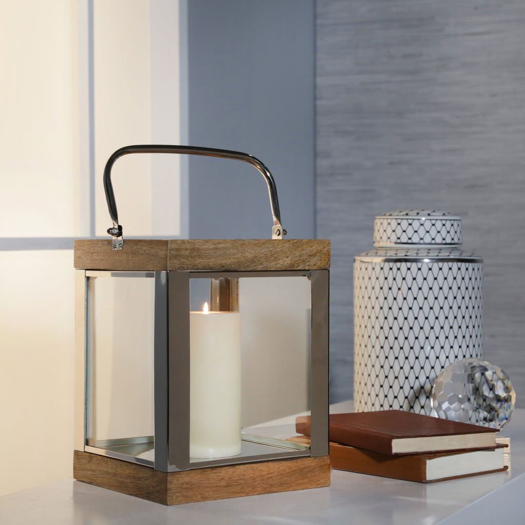 Metal /Wood 10" Lantern,Silver