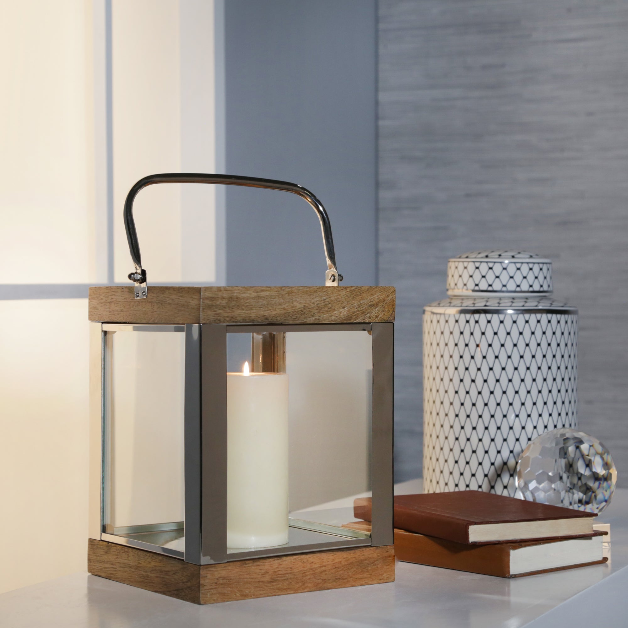Metal /Wood 10" Lantern,Silver