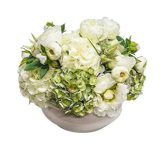 Cream Peony Hydrangea Ranunculus In 16" White Bowl