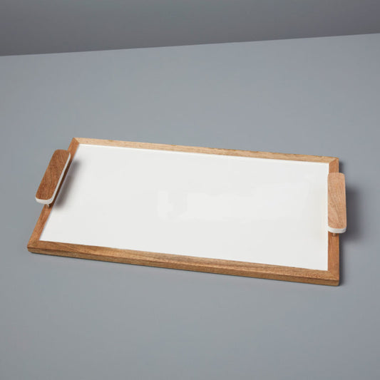 Mango Wood & White Enamel Rectangular Tray
