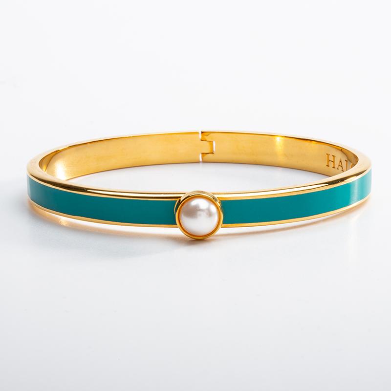 Cabochon Pearl Turquoise Gold Hinched Bangle