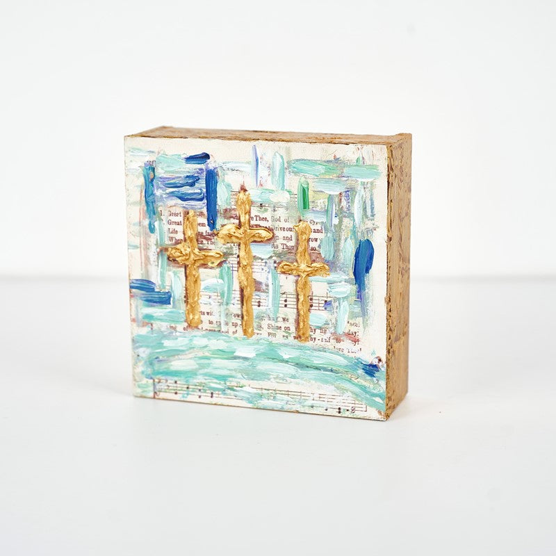 Handpainted Wood Block, Cross Trio