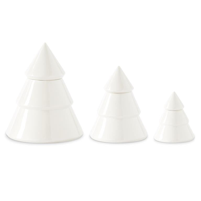 Small White Ceramic Lidded Christmas Tree Containers
