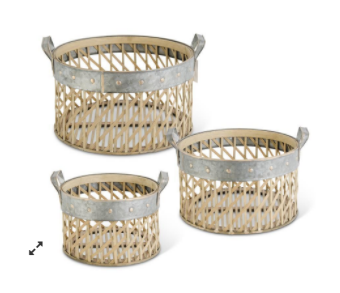 Medium Round Woven Bamboo Baskets w/Metal Trim and Handles