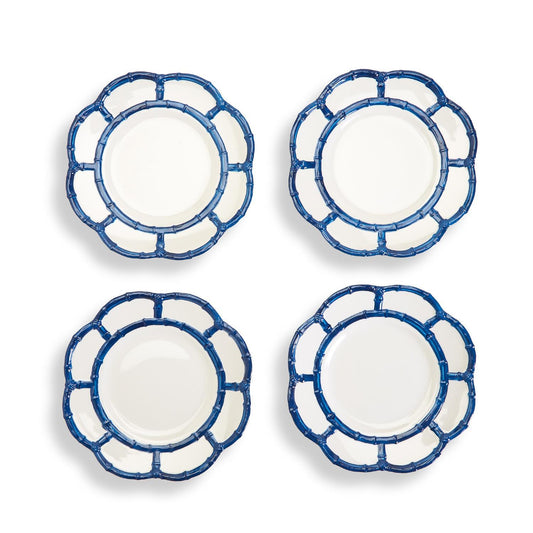 Blue Bamboo Set of 4 Dinner Plates with Bamboo Rim