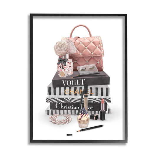 Fashion Bookstack Purse Perfume Pink Glam Design Framed