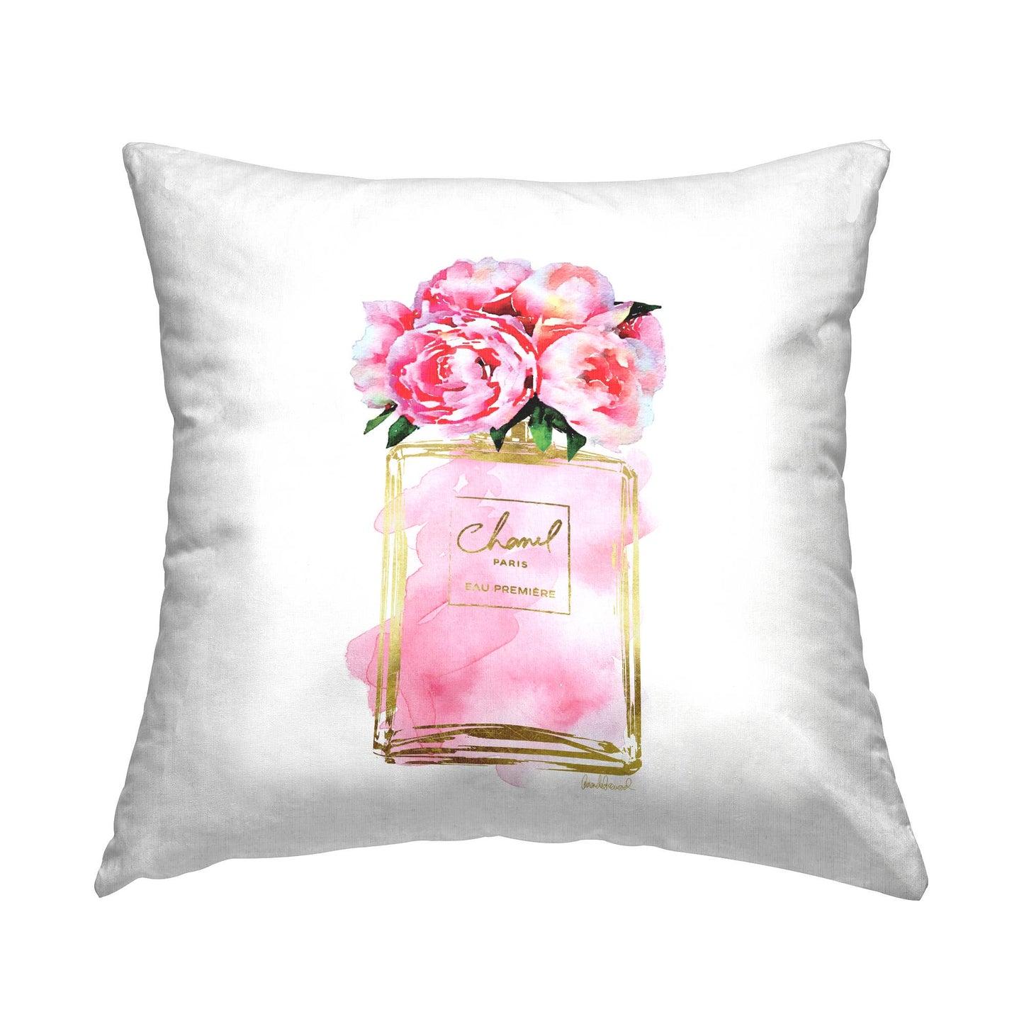 Pink Peonies in Pink Fashion Fragrance Bottle Throw Pillow