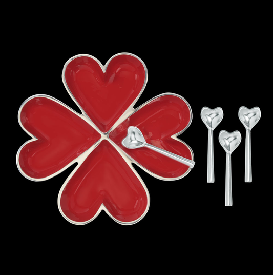 4 Hearts Platter with 4 Heart Spoons-Red