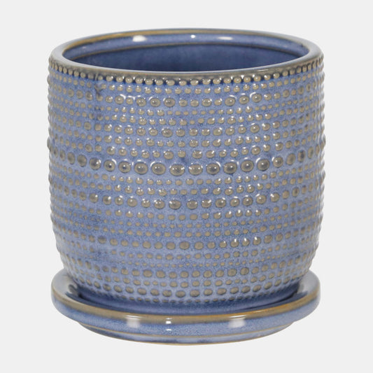 Ceramic Textured Planter w/ Saucer, Blue