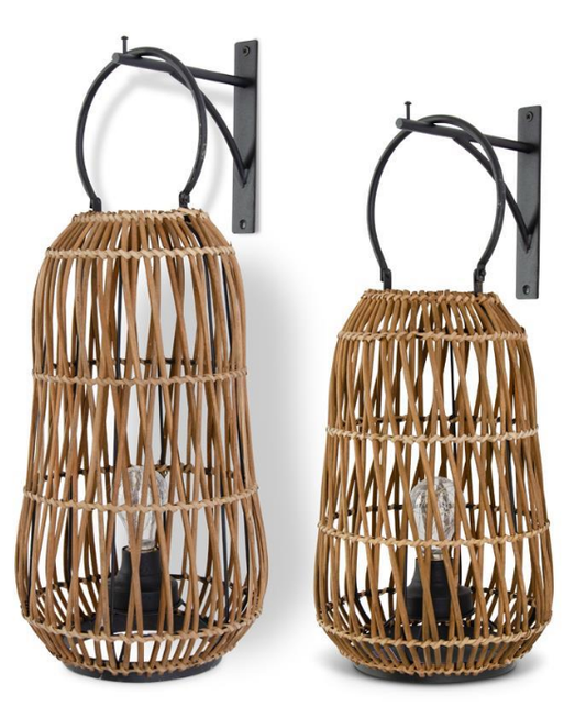 Medium Rattan Hanging LED Lanterns w/ Black Metal Brackets