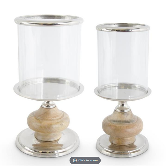 Hurricane w/Silver Metal Base and Rim on Wood Pedestal Lg