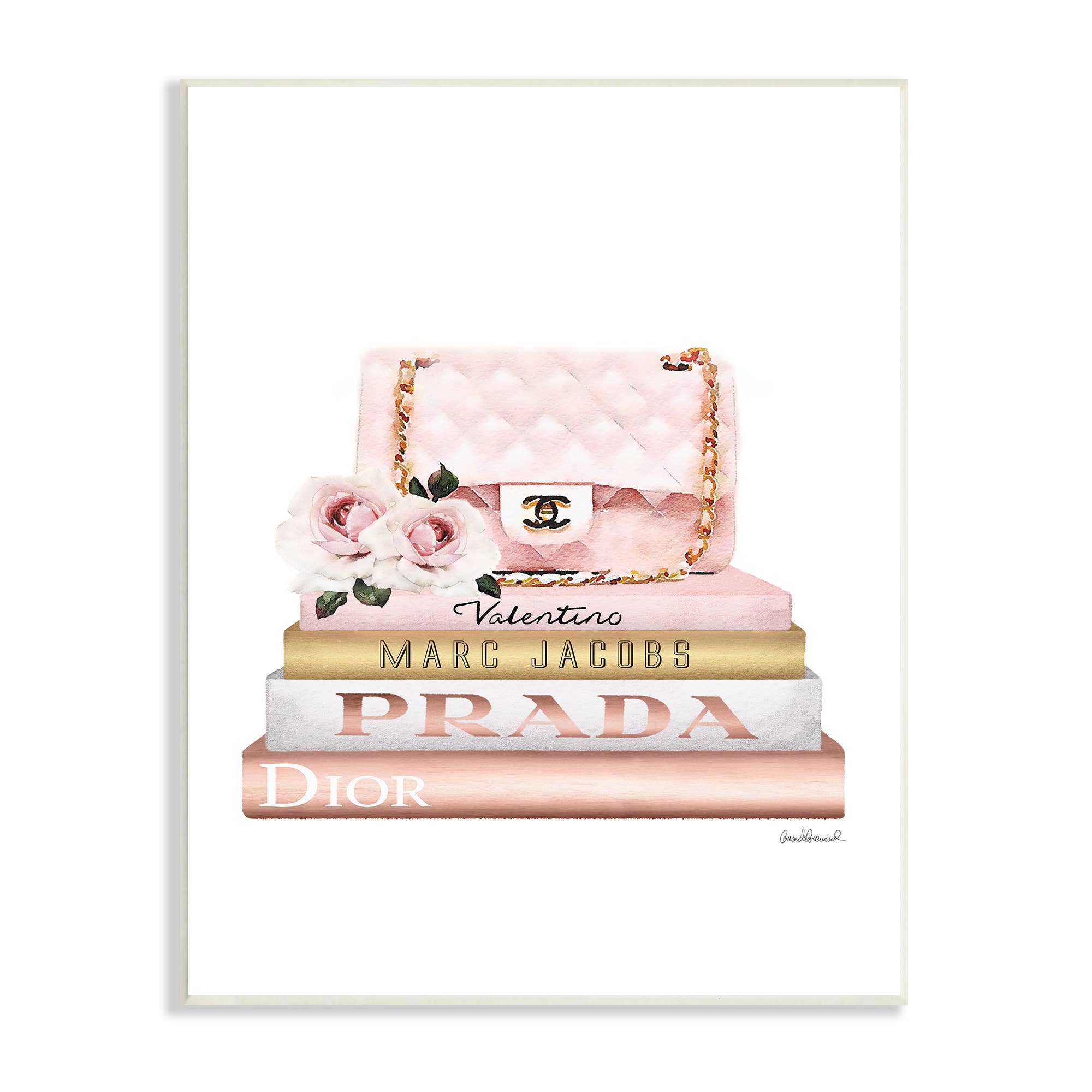 Pink Purse Gold Bookstack Glam Fashion Watercolor Wall Art