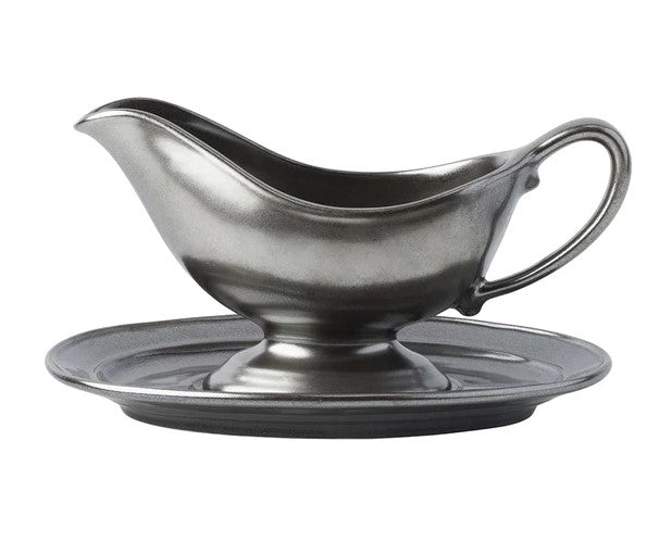 Pewter Stoneware Sauce Boat and Stand