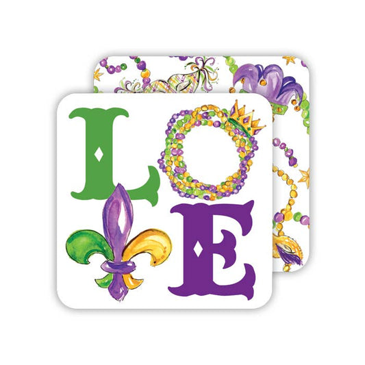 Handpainted Mardi Gras LOVE Square Coaster