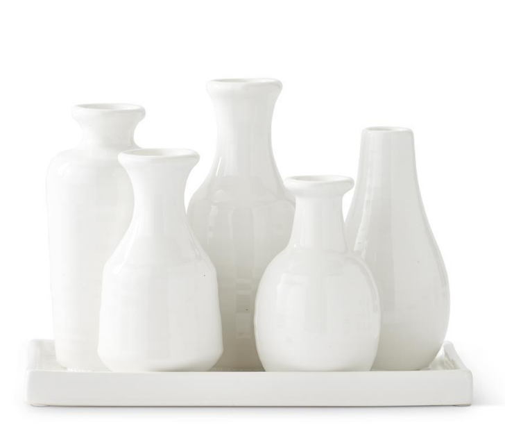 Cluster of 5 White Ceramic Vases w/Attached Tray - 6.25 Inch