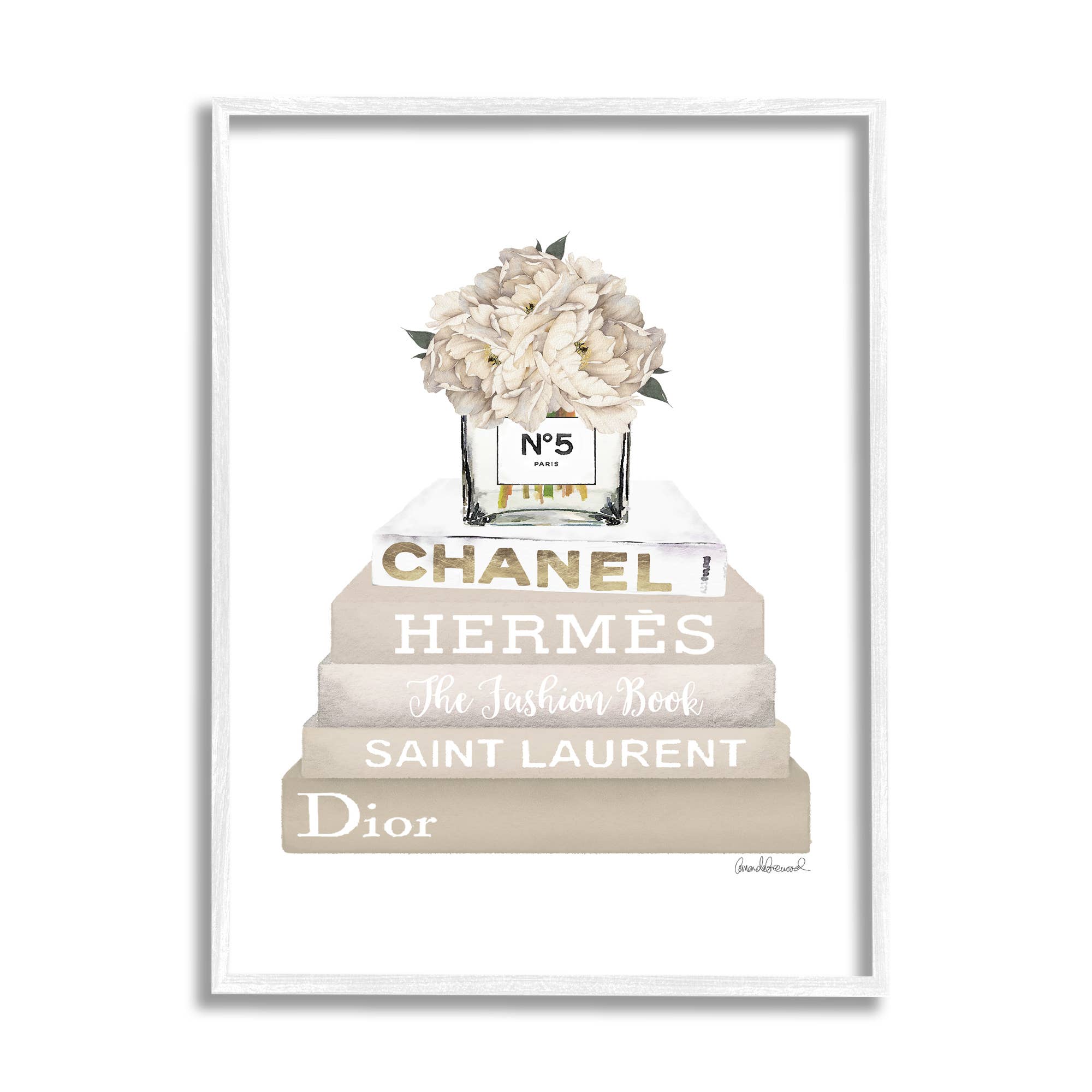 High Fashion Bookstack with Tan Flowers Framed