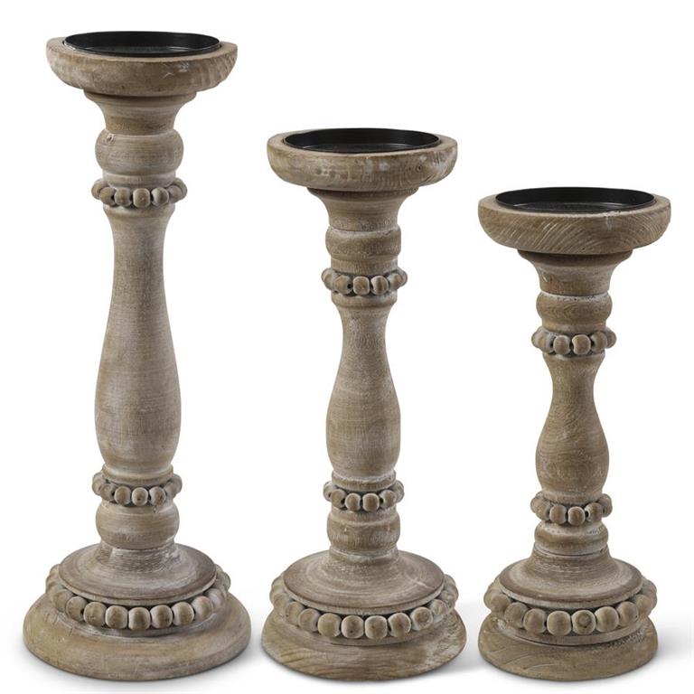 13.75 Inch Bead Trim Wooden Candleholder