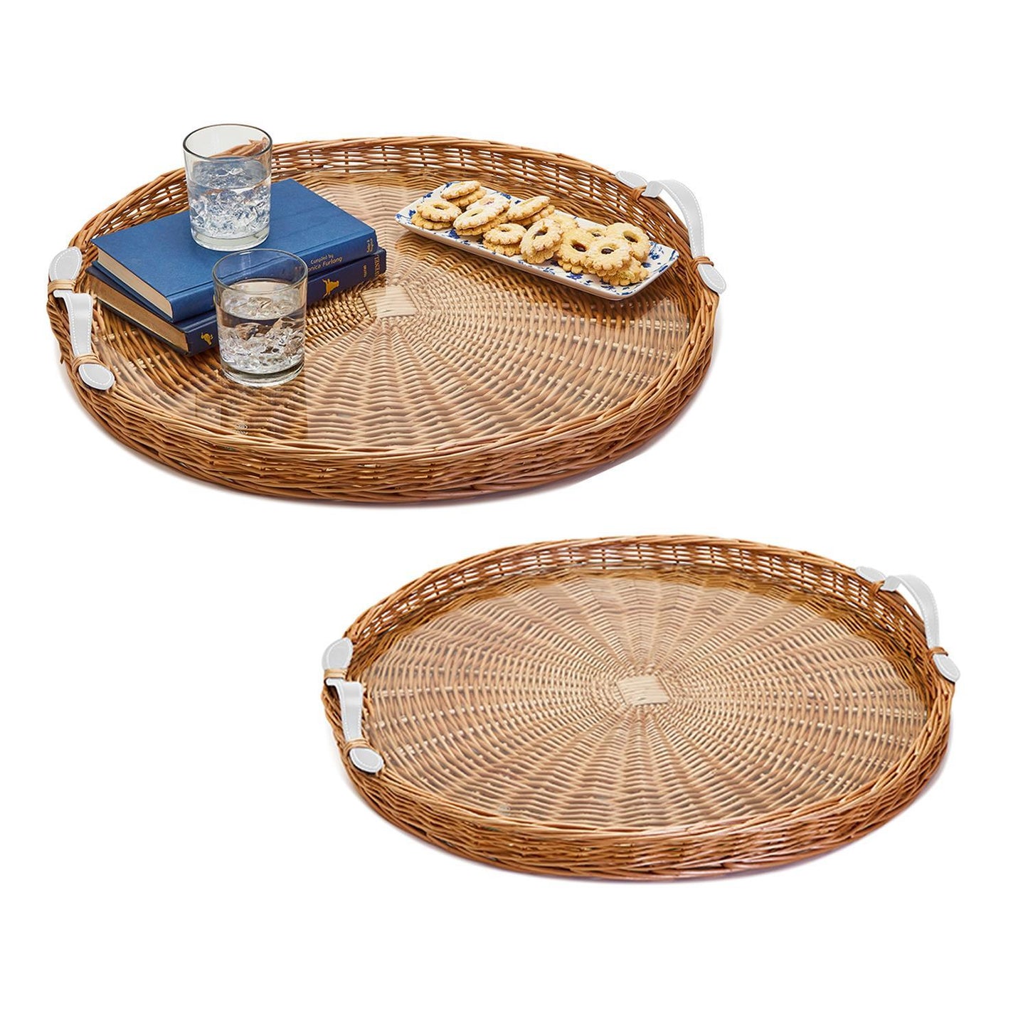 Medium Round Hand-Crafted Wicker Trays with White Handles and Acrylic Insert