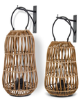 Large Rattan Hanging LED Lanterns w/Black Metal Brackets