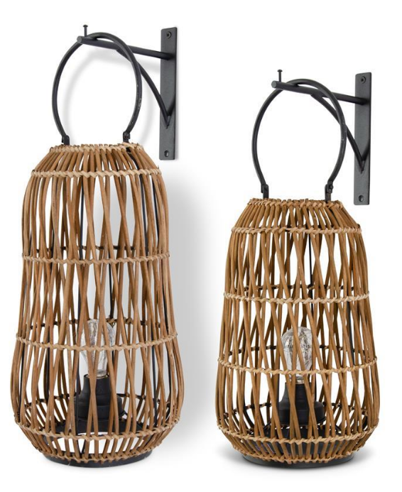 Large Rattan Hanging LED Lanterns w/Black Metal Brackets