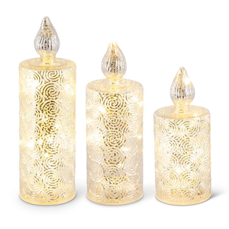9 Inch Silver Mercury Glass Swirled LED Candle w/Flame