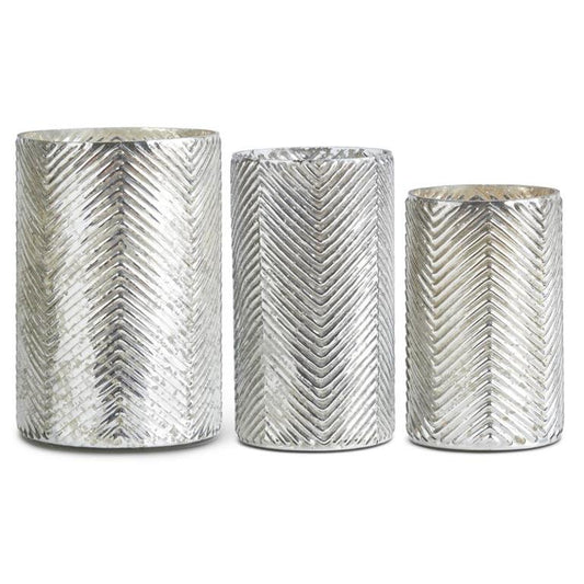 8 Inch Herringbone Embossed Silver Mercury Glass Vase