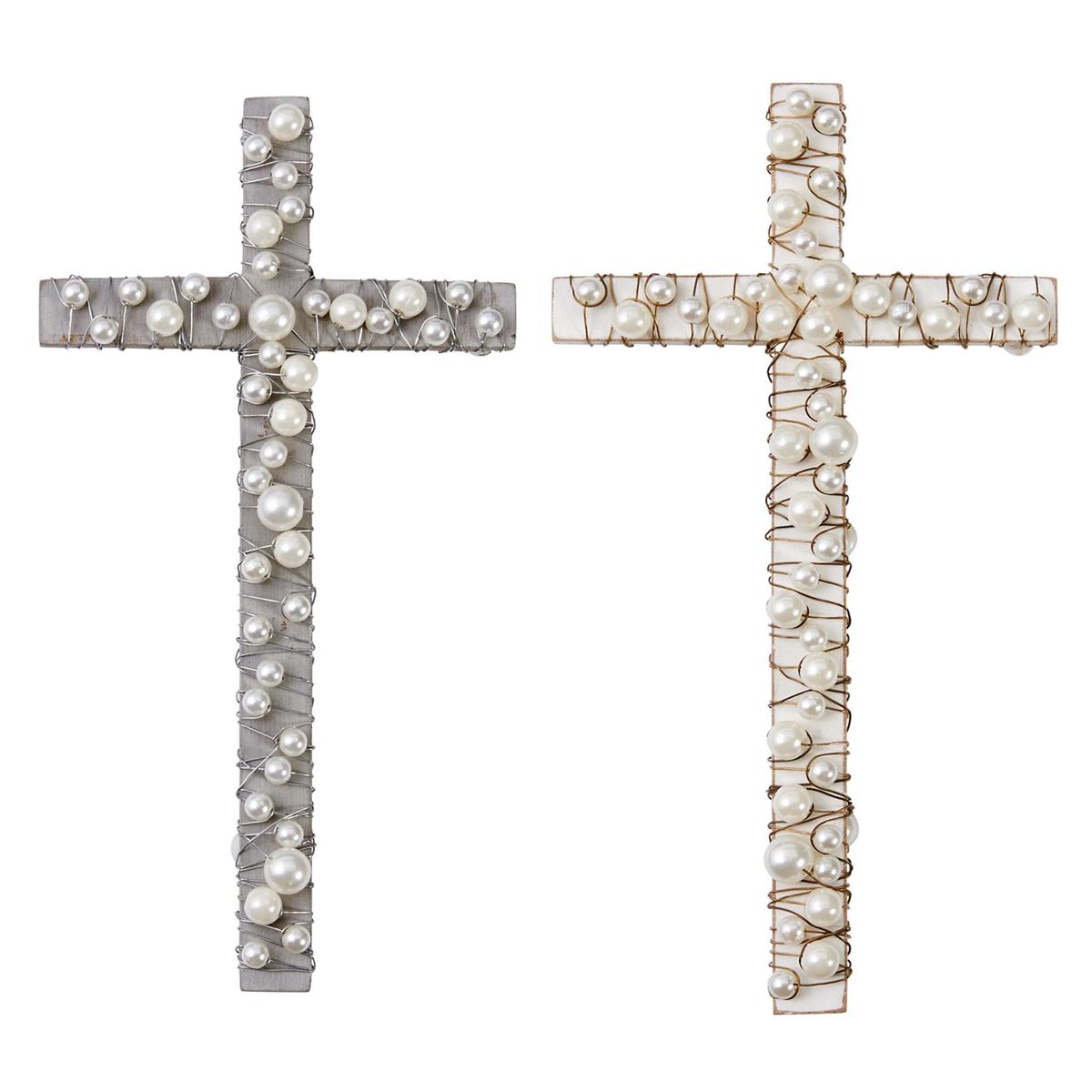 White Wood Cross With Pearls