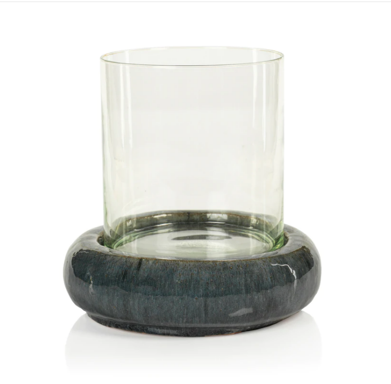 Cortez Blue-Gray Glazed Stoneware Base with Glass Hurricane