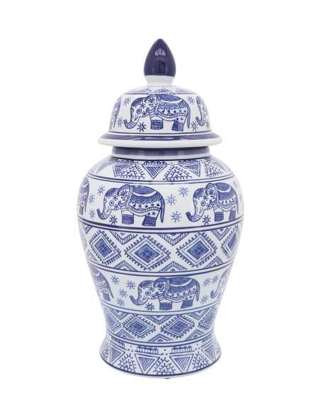 Elephant Temple Blue Jar 18in