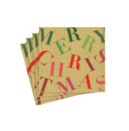 Merry Christmas Toss Paper Cocktail Napkins in Gold - 20 Per Package