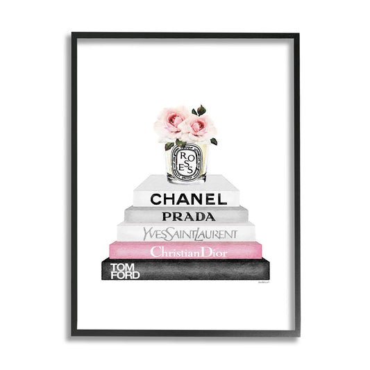 Pink Flower Black Bookstack Glam Fashion Design Framed