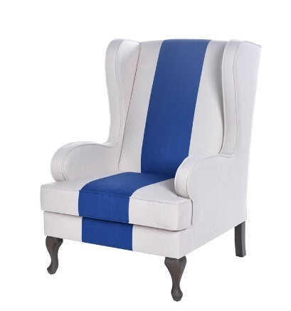 White Accent Chair with Blue Stripe and Wooden Cabriole Legs