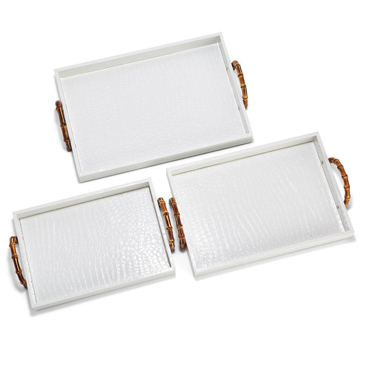 White Crocodile Decorative Rectangle Tray w/ Bamboo Handles Medium