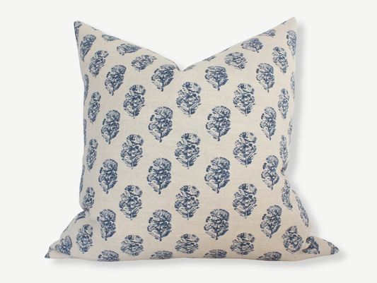 Navy Blue 14x24 Floral Pillow, Cream Blue Throw Pillow