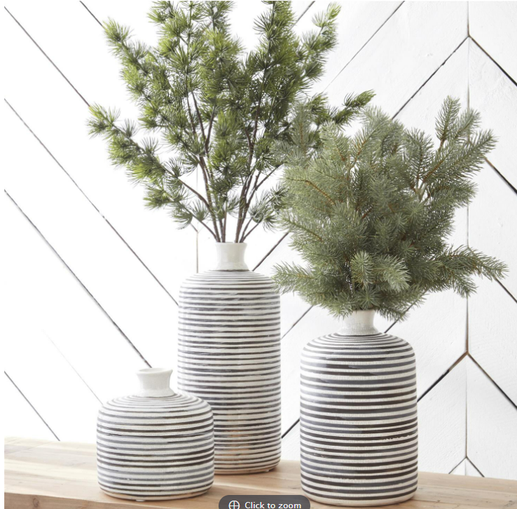 Medium White Crackle & Gray Striped Ceramic Vases w/Fluted Neck